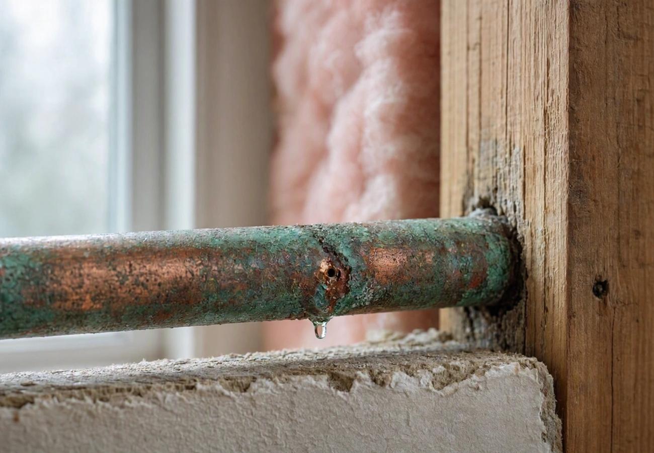 Copper plumbing pipes showing signs of corrosion and pinhole leaks