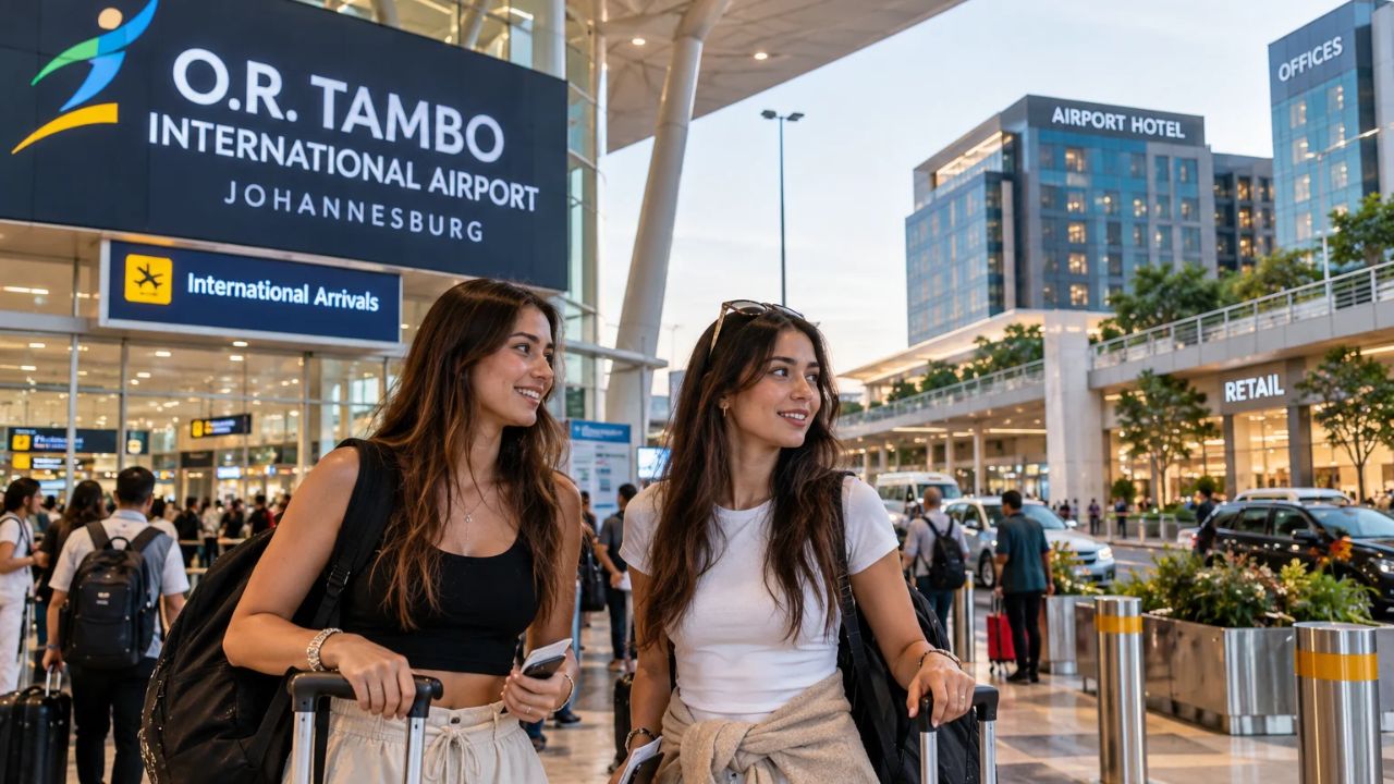 Terminal exterior and modern commercial district at OR Tambo International Airport Johannesburg