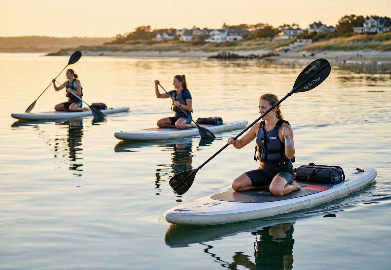 Paddleboarders on the water during a New Jersey sunset