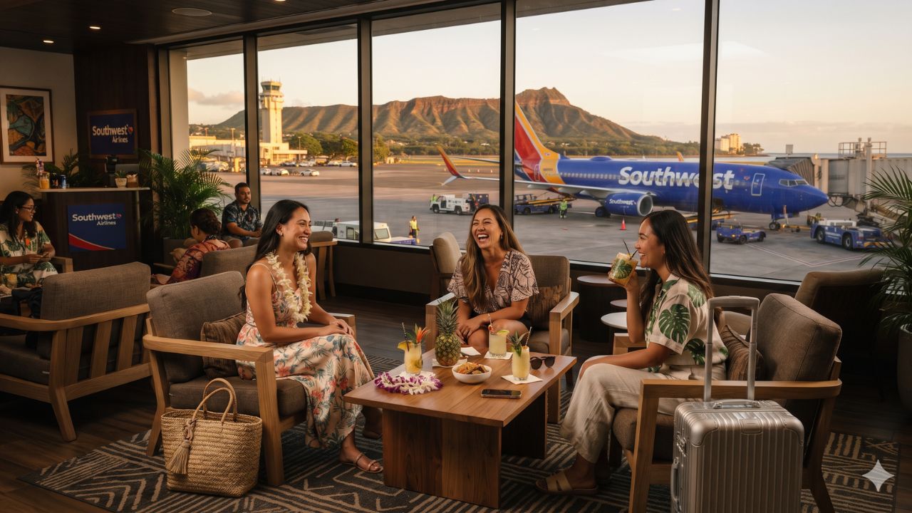 Daniel K. Inouye International Airport terminal in Honolulu overlooking palm trees and Hawaiian mountains