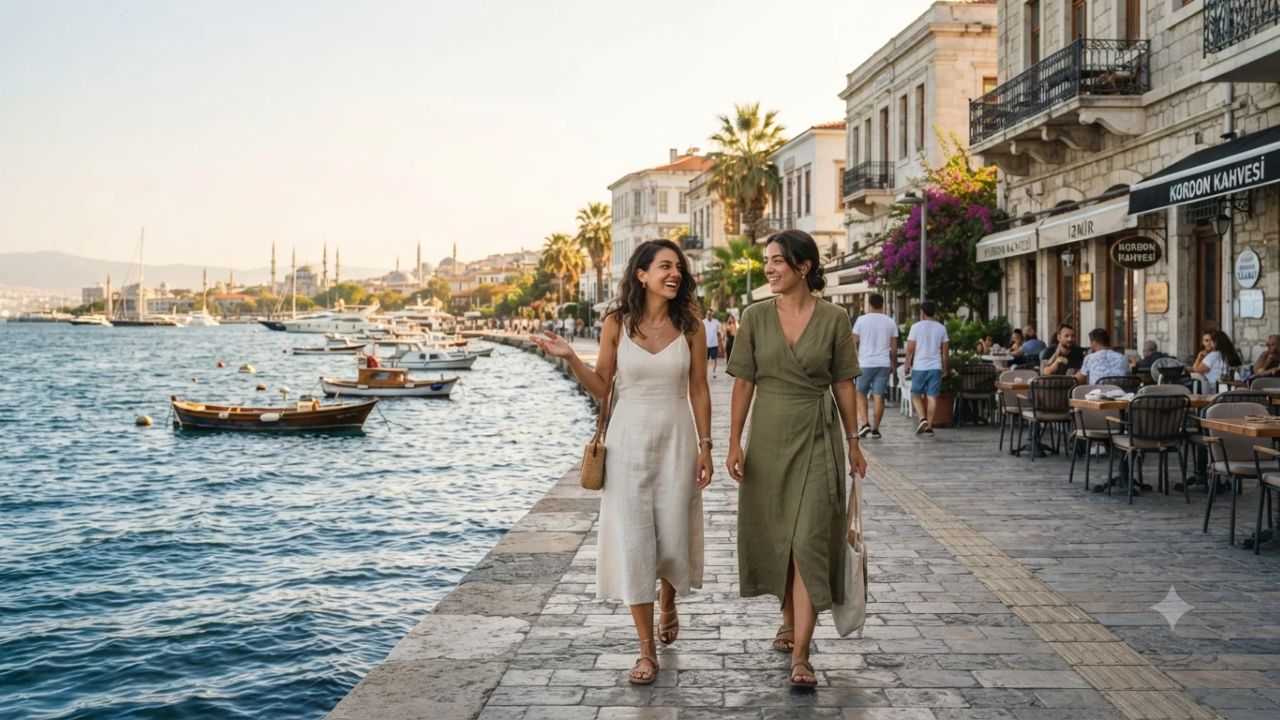 Panoramic coastal view of Izmir Turkey along the Aegean Sea showing historic architecture and passenger ferries connecting to Greek islands