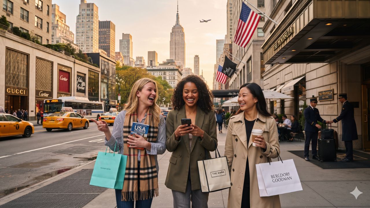 International travelers strolling past illuminated skyscrapers and historical facades in downtown Manhattan, New York