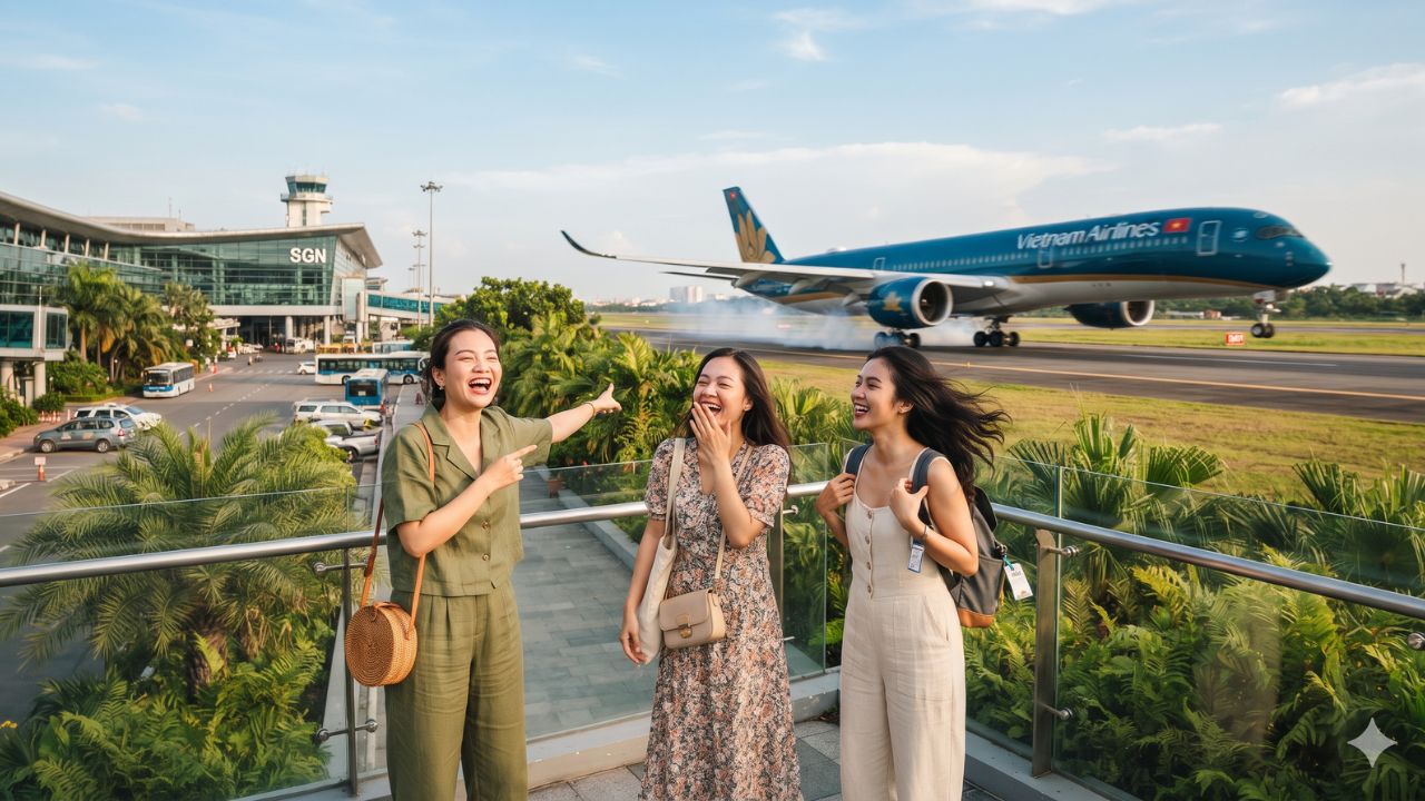 Modern widebody commercial jet landing over lush tropical greenery at Noi Bai International Airport in Hanoi Vietnam