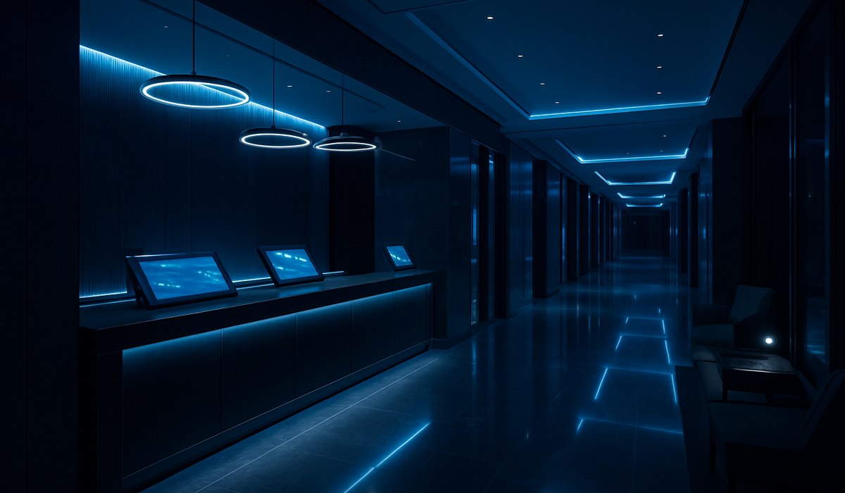 Hotel executive reviewing AI technology implementation in 2026 with operations center visible