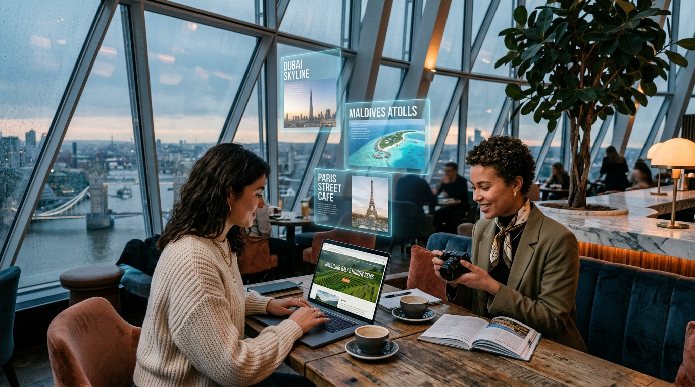 Digital mockup of the iconic BT Tower in London transformed into a luxury hotel with a glowing rooftop pool under a sunset sky