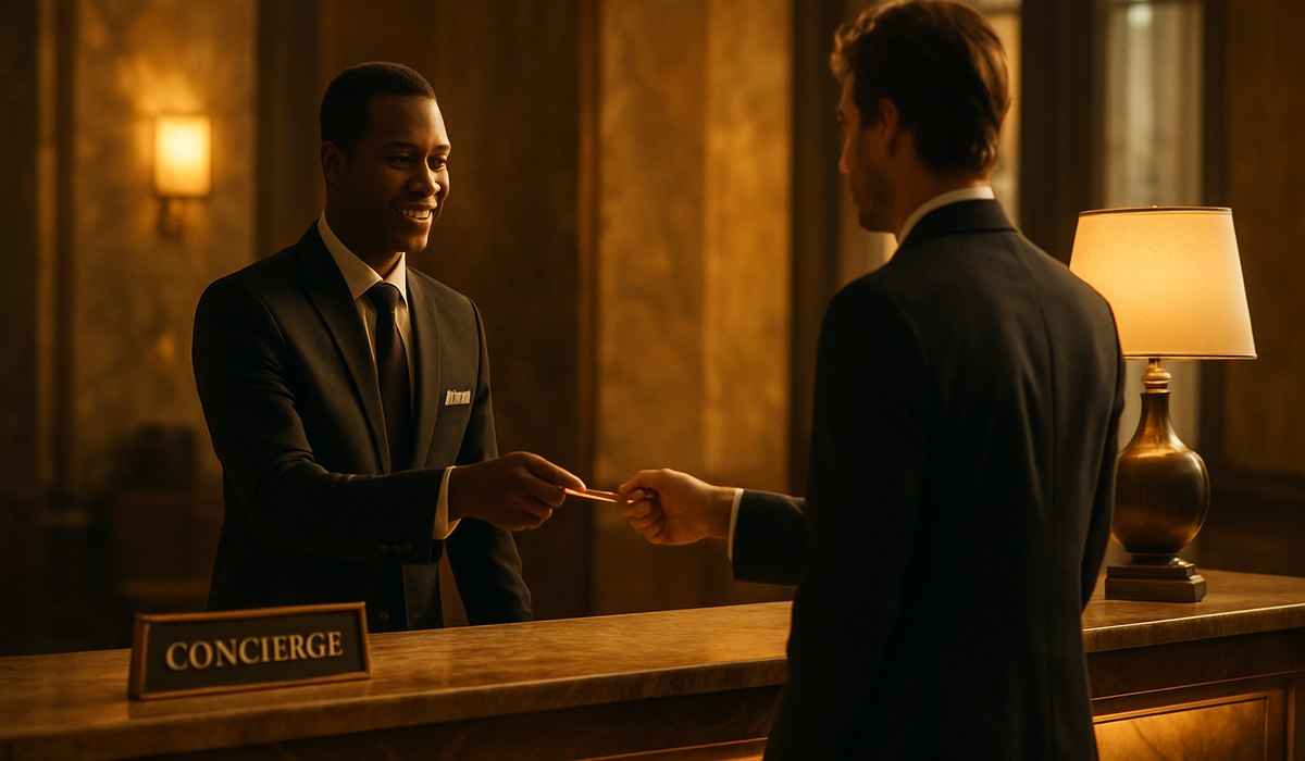 Luxury hotel concierge desk with impeccable service standards, 2026