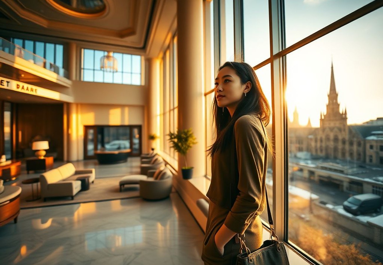 Luxury hotel room overlooking Montreal's Notre-Dame Basilica and historic Old Montreal architecture