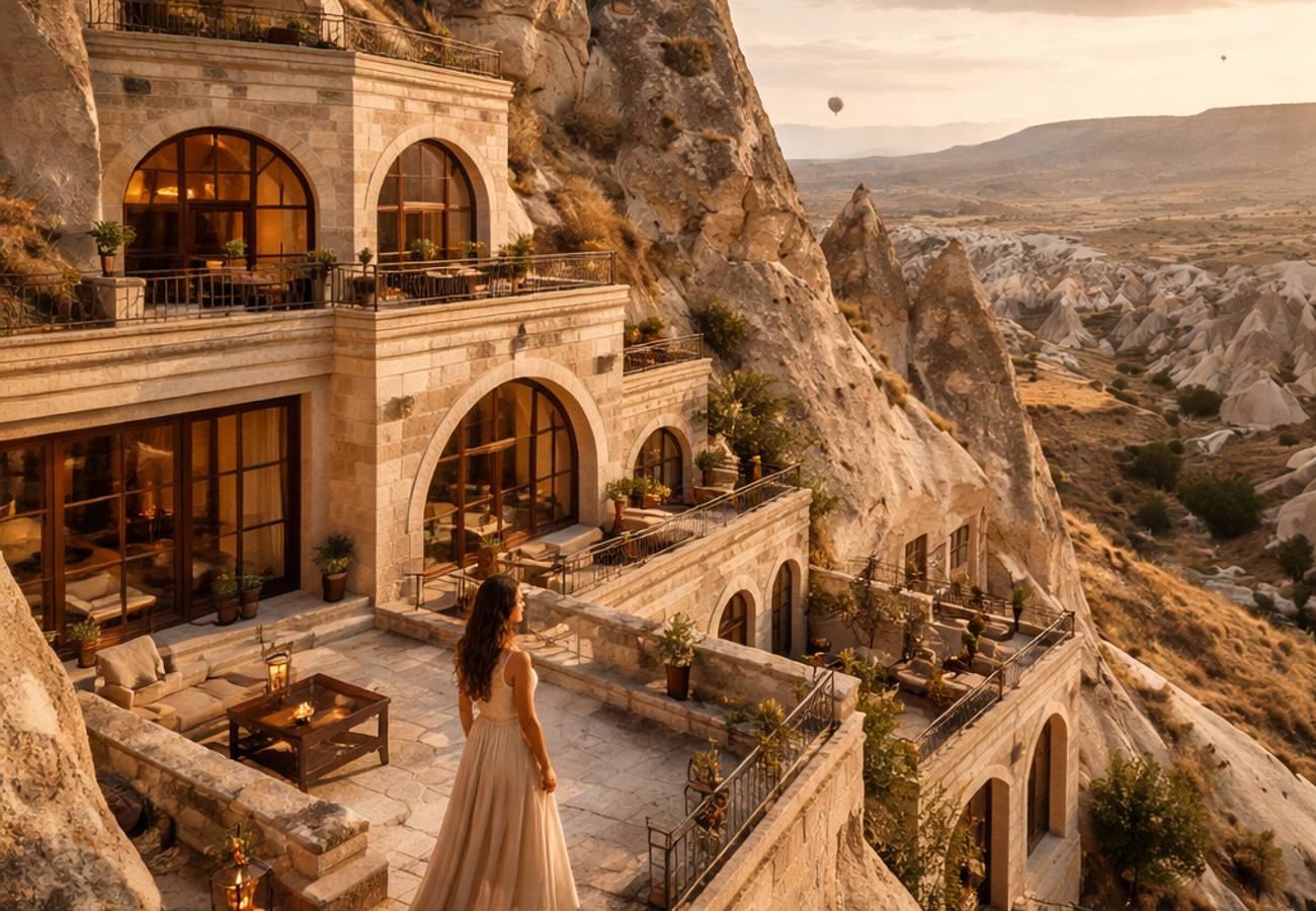 Elika Cave Suites Cappadocia exterior carved into volcanic landscape near Ortahisar Castle