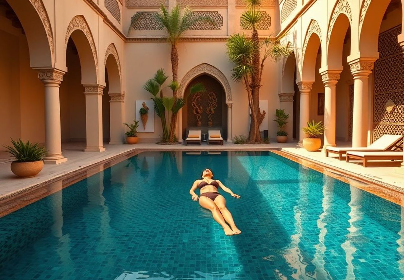 Exterior view of Jnane Rumi boutique hotel in Marrakesh with palm trees and stone architecture