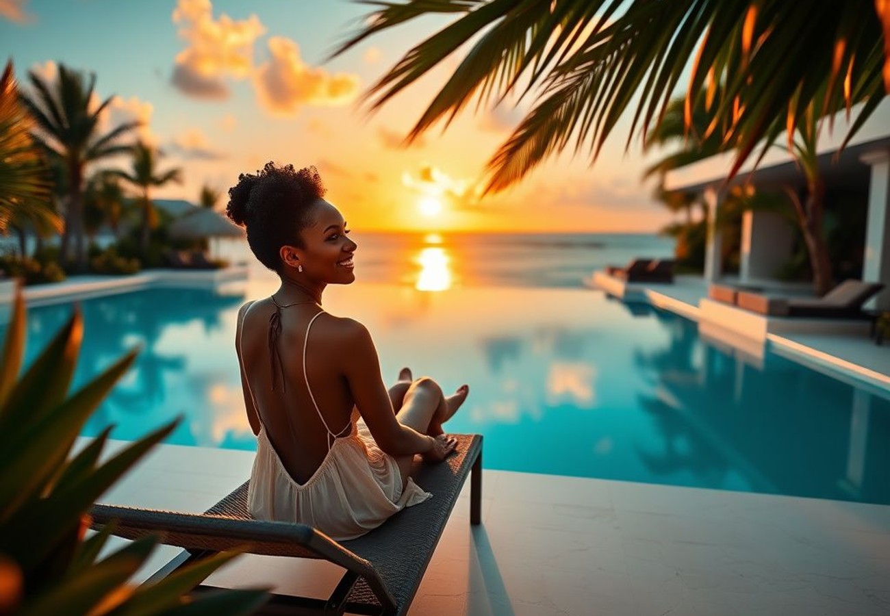 Sandals South Coast beachfront with new overwater villas and Parisol beach club at sunset