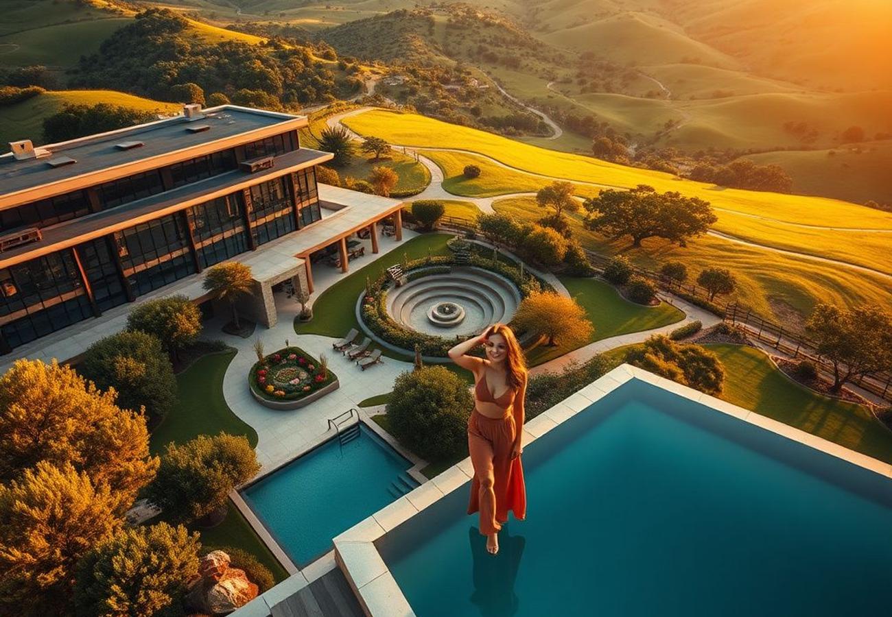 Aerial rendering of UMusic Austin project integrated into Texas Hill Country landscape with White Rocks Amphitheater and green spaces