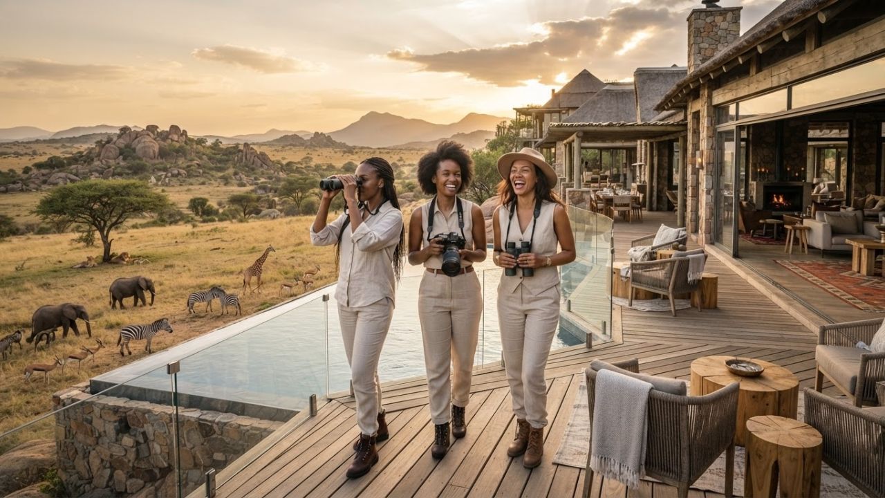 A beautiful thatched-roof luxury safari lodge situated on a rocky ridge overlooking the wild plains of Laikipia, Kenya