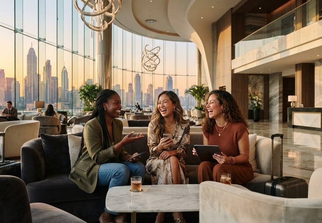 Modern hotel lobby illustrating the integration of AI technology in hospitality