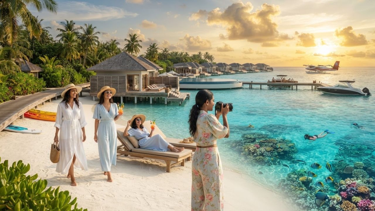 A luxury private resort villa over the water in the Maldives with clear turquoise ocean
