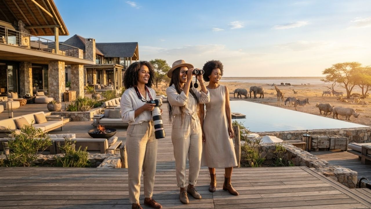 A newly renovated open-air luxury lodge with a thatch roof near Etosha National Park under clear skies