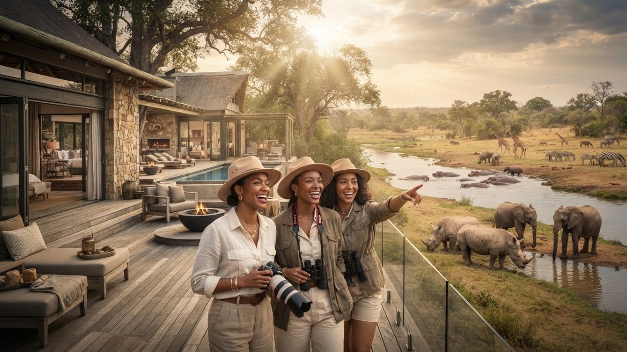 A wooden deck of a luxury safari camp overlooking the Olifants River where elephants bathe under a sunset sky