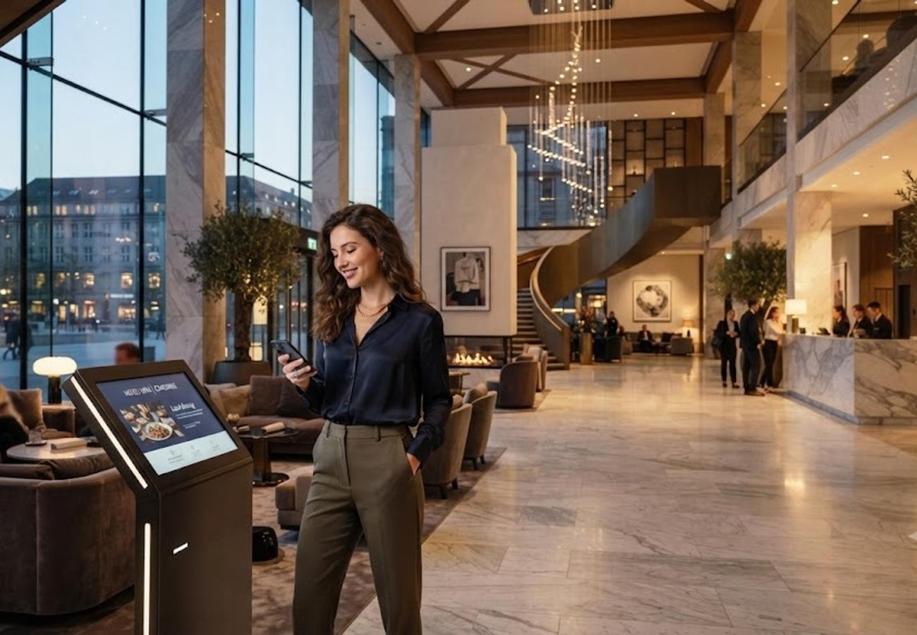 Modern hotel lobby with digital interface and guest using mobile room key technology