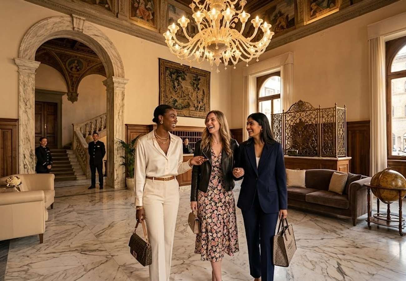 Luxury hotel interiors in Florence and Rome showcasing Italian craftsmanship