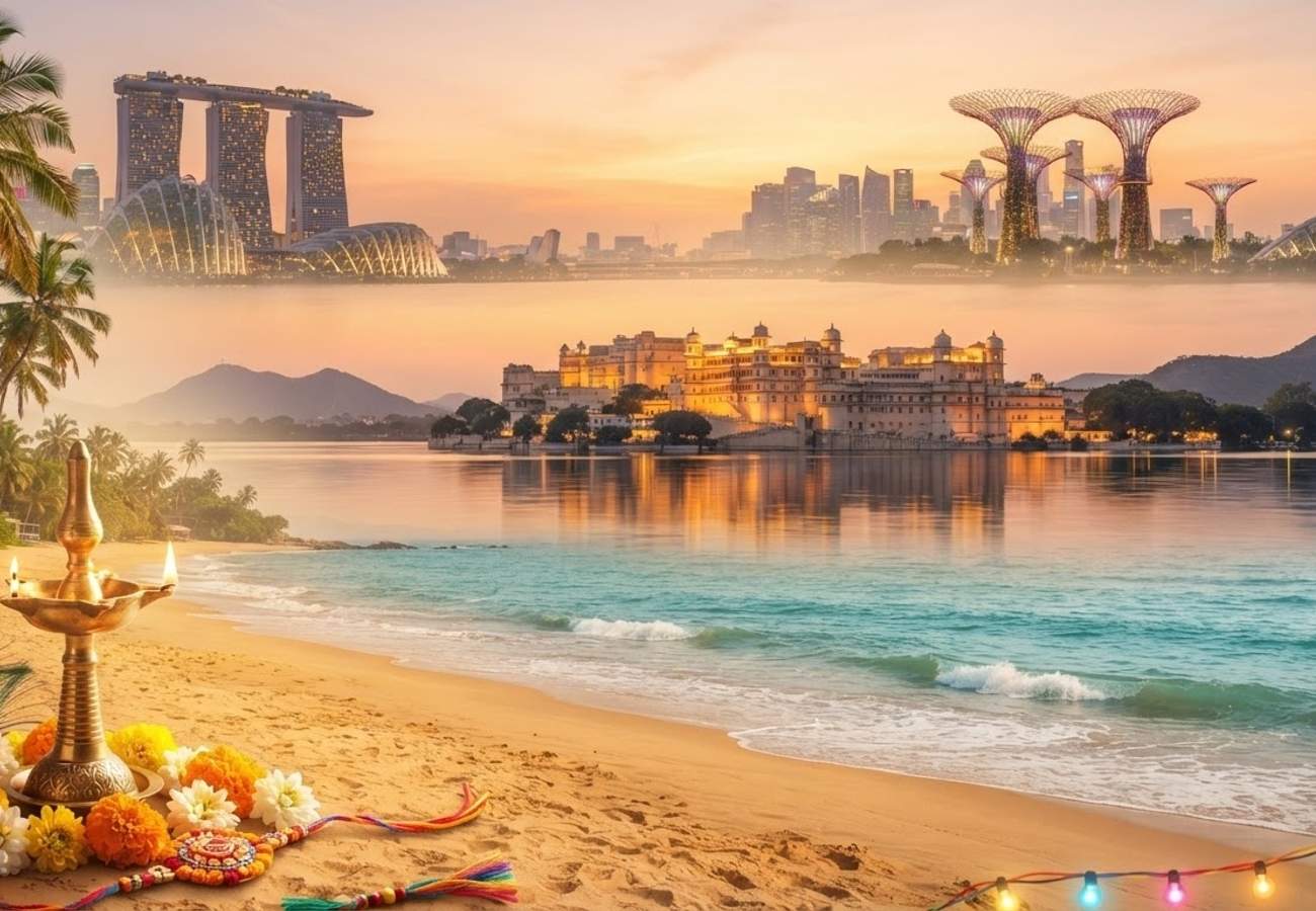 Aerial view of a tropical coastal destination popular with Indian travelers