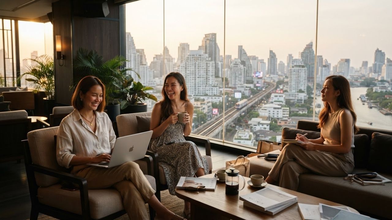 A modern serviced apartment in Bangkok with floor-to-ceiling windows overlooking Benjakitti Park.