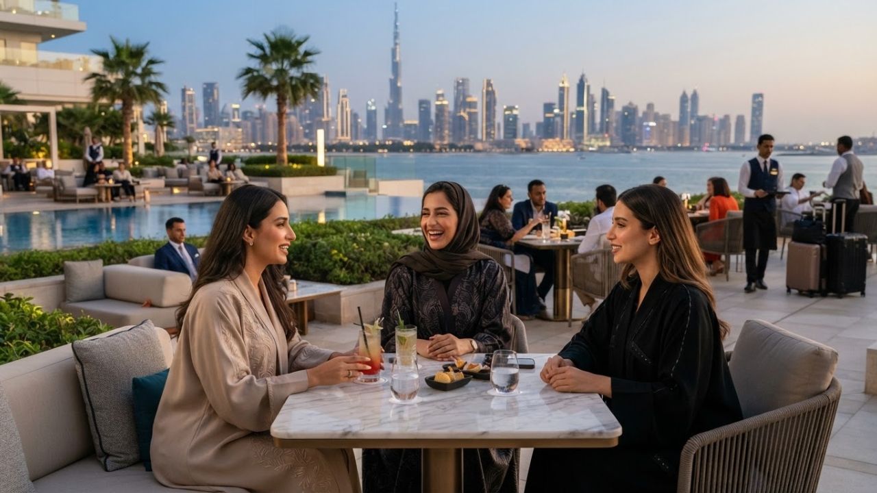 A scenic view of the Dubai Marina skyline and luxury hotels reflecting in the water at dusk.