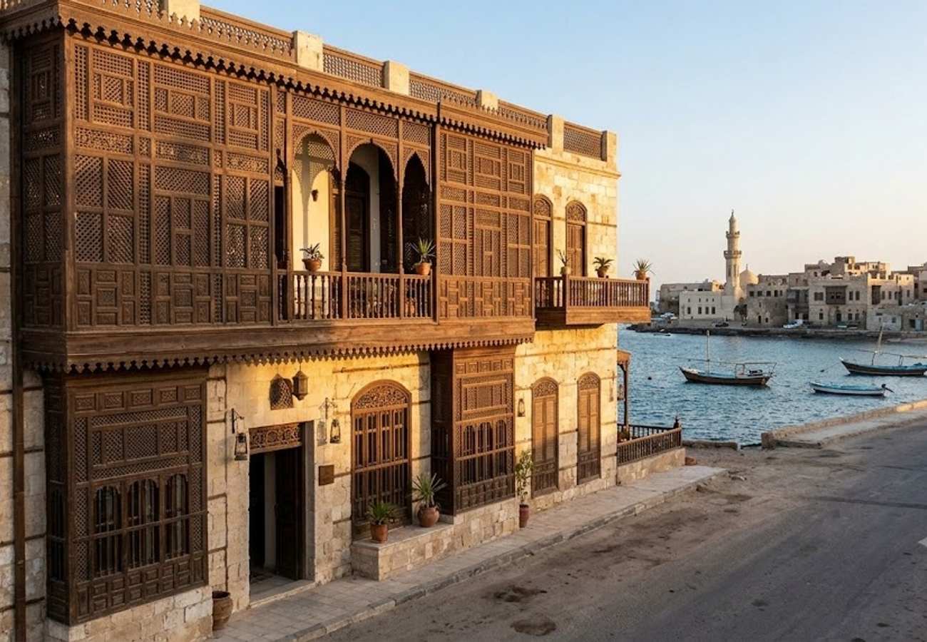 Historic Red Sea heritage hotel featuring traditional Egyptian mashrabiya woodwork