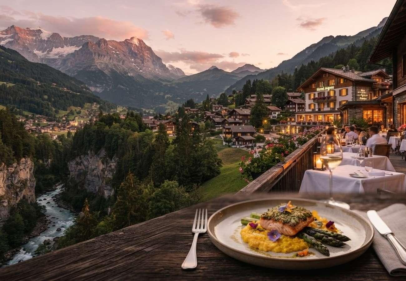 A high-end European hotel restaurant featuring Michelin Bib Gourmand dining