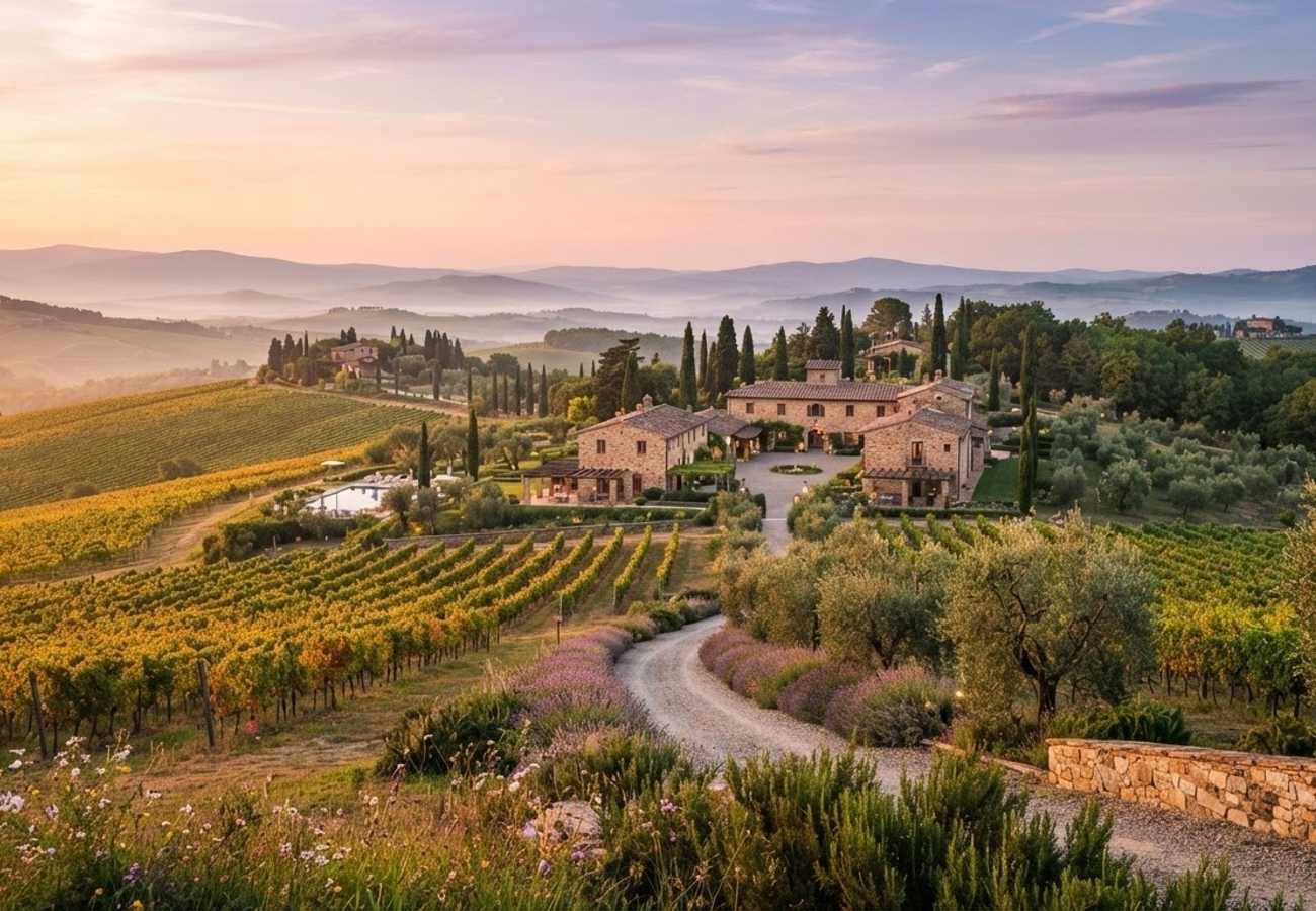 Aerial view of Fontanelle Estate luxury villas and vineyards in Tuscany