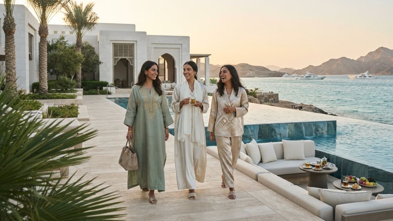 A scenic view of the luxurious Four Seasons Resort AMAALA at Triple Bay, featuring palm trees, infinity pools, and panoramic views of the Red Sea.