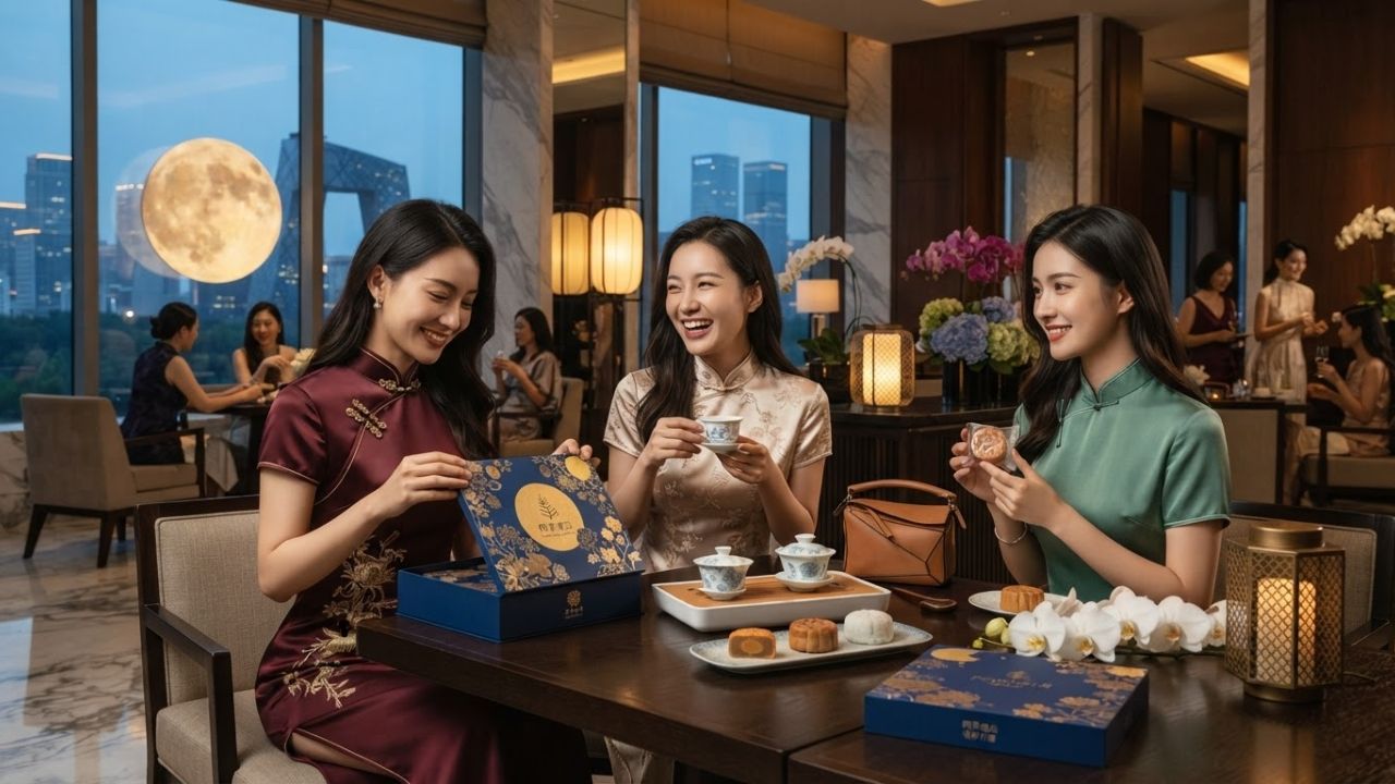 A beautifully arranged display of luxury Mid-Autumn Festival gift boxes in soft gold and red, surrounded by traditional Chinese mooncakes and orchids.