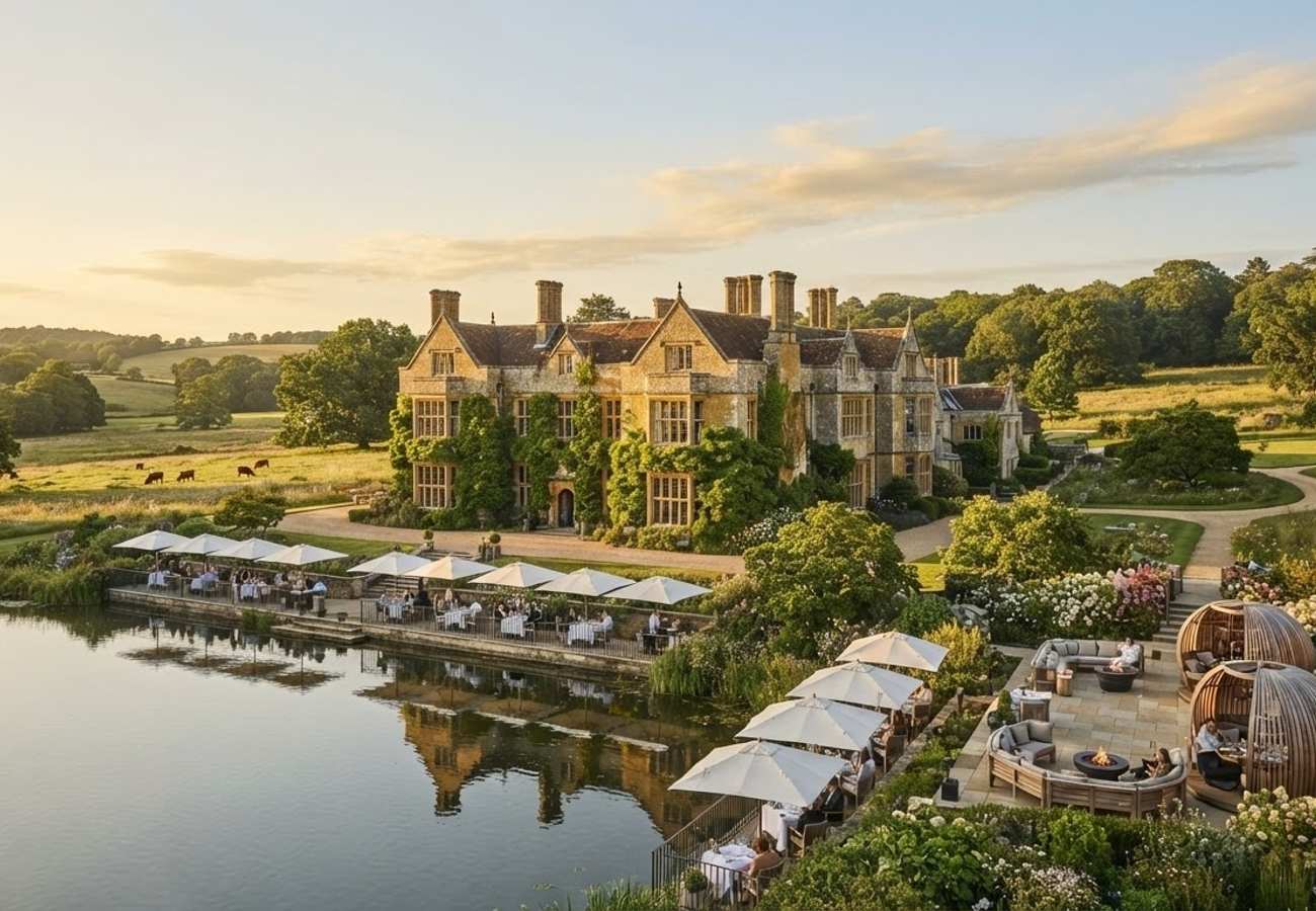 Aerial view of the Four Seasons Hotel Hampshire estate in the English countryside