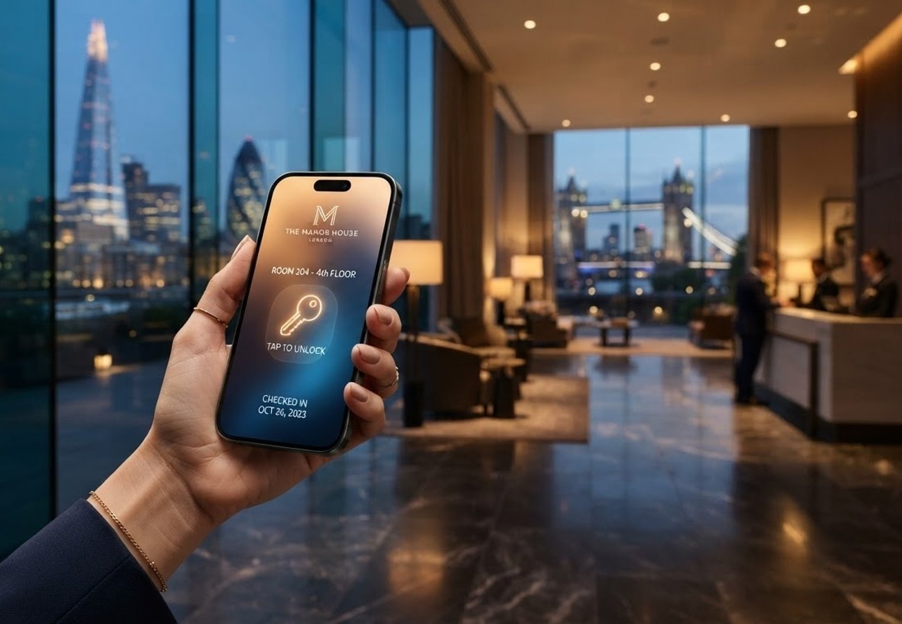 A traveler using a smartphone to unlock a hotel room door in a modern European city