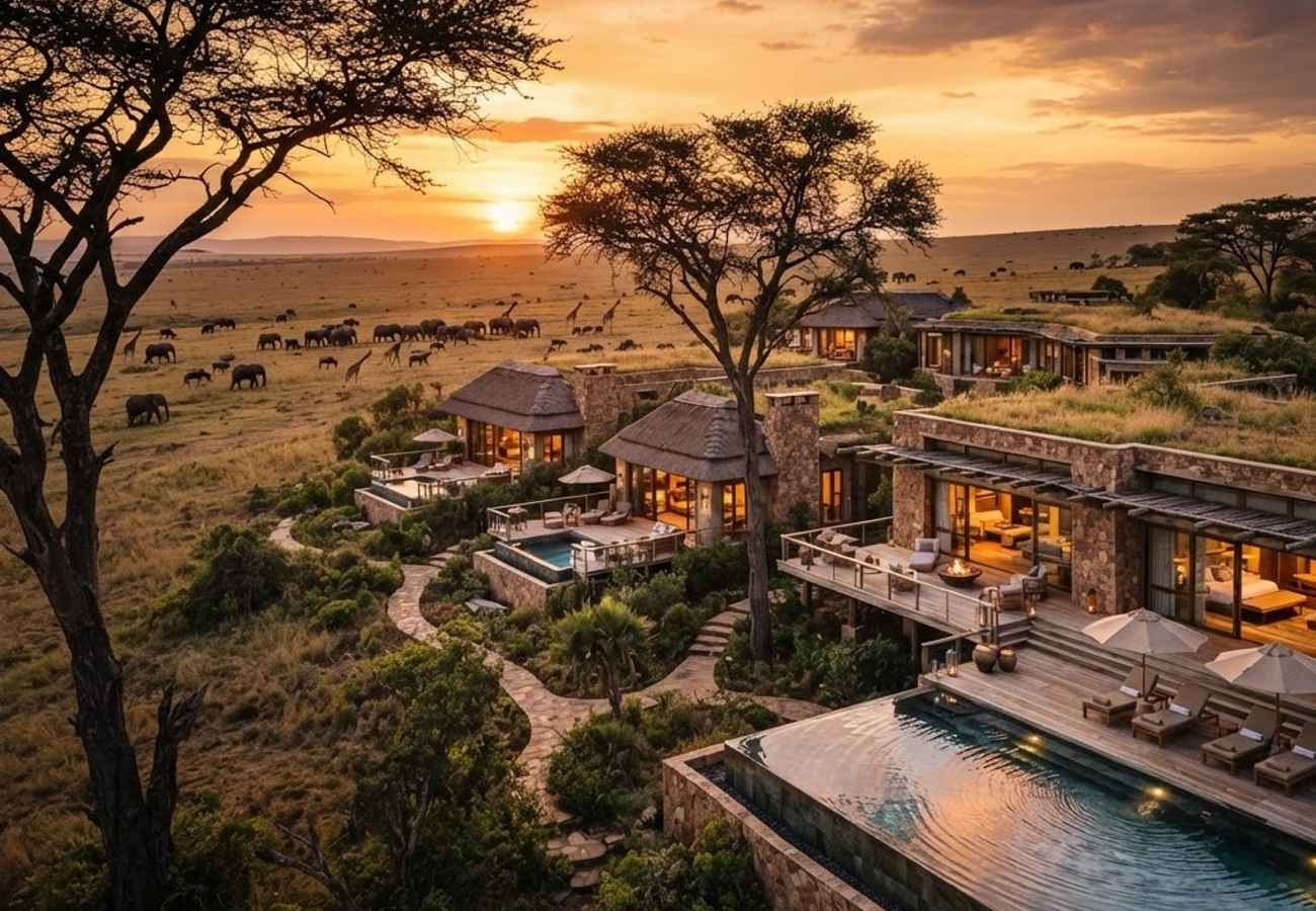 Luxury private safari villa architecture blending into the Maasai Mara landscape