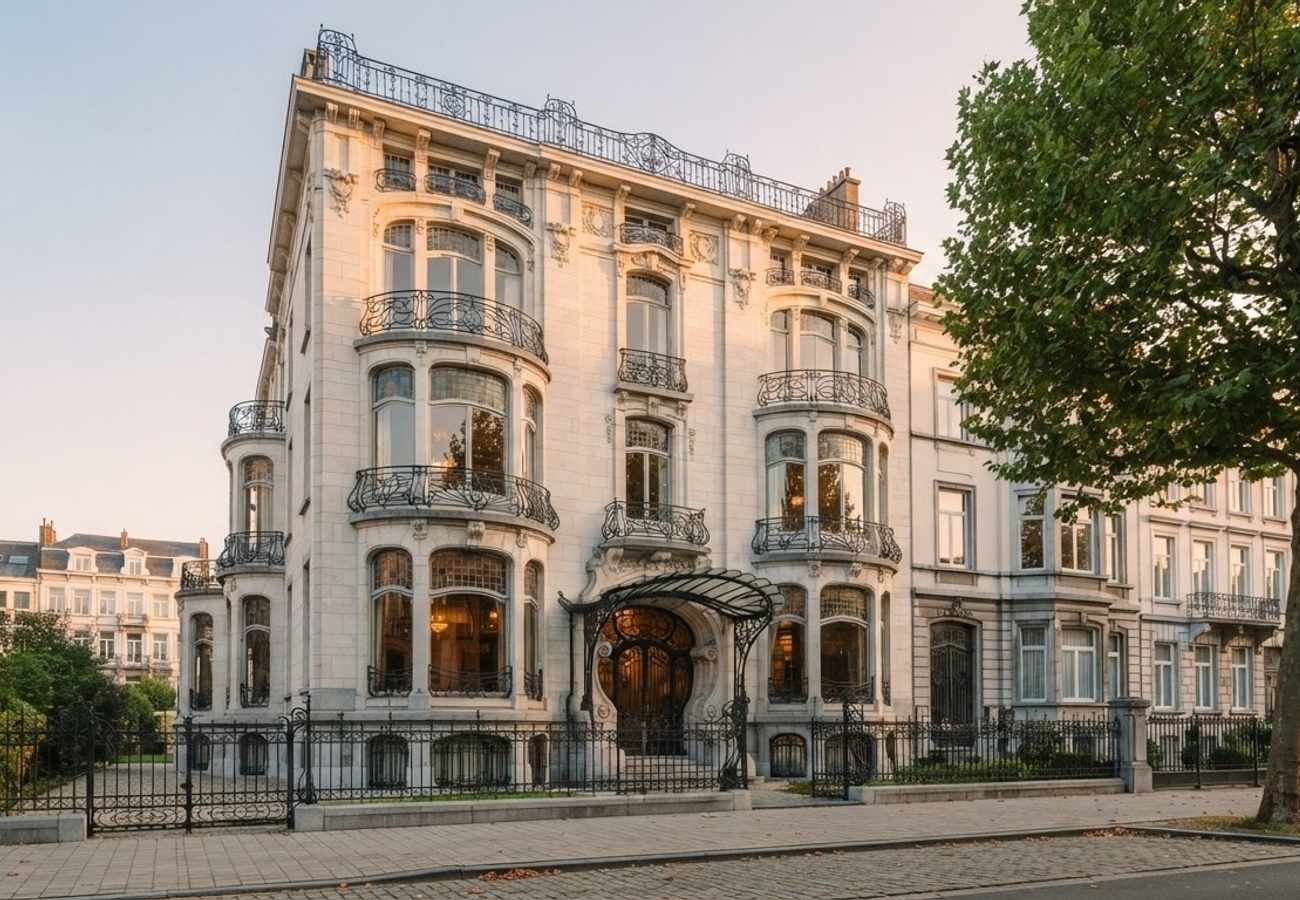 The architectural facade of Hotel Solvay in Brussels showing Art Nouveau details