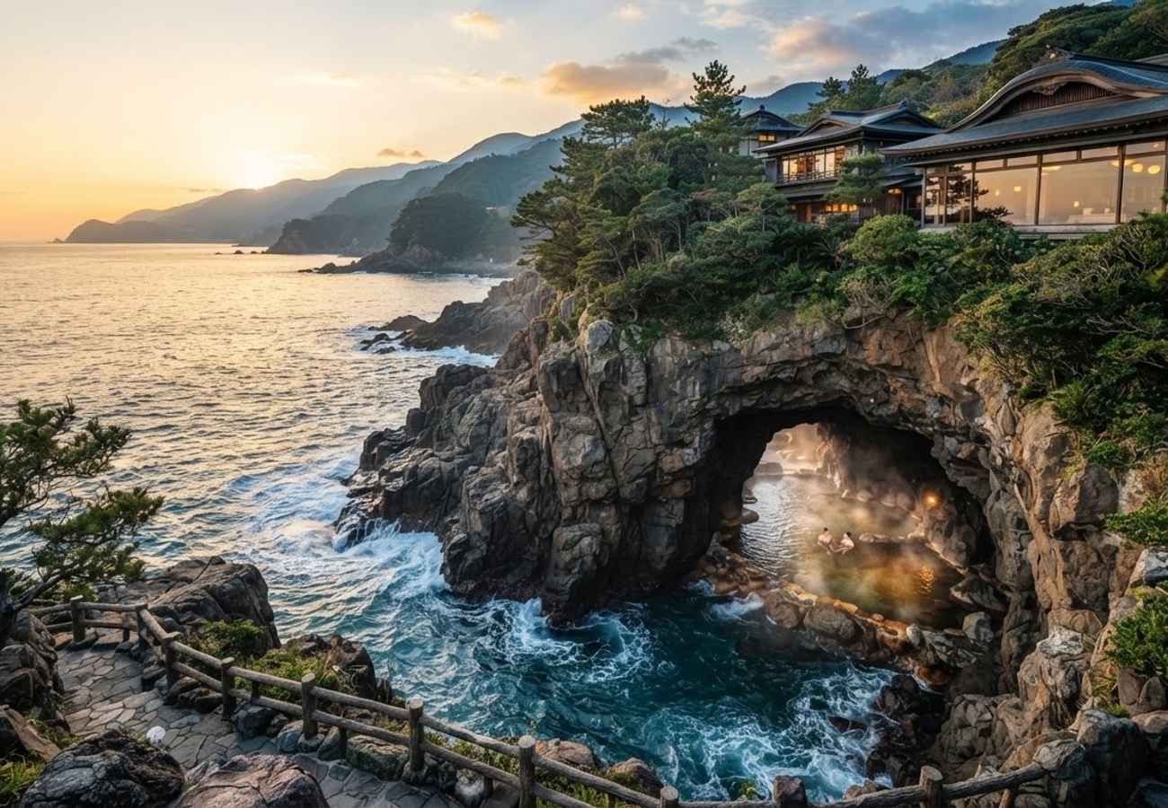 Aerial view of Hotel Urashima and the Pacific coastline in Wakayama