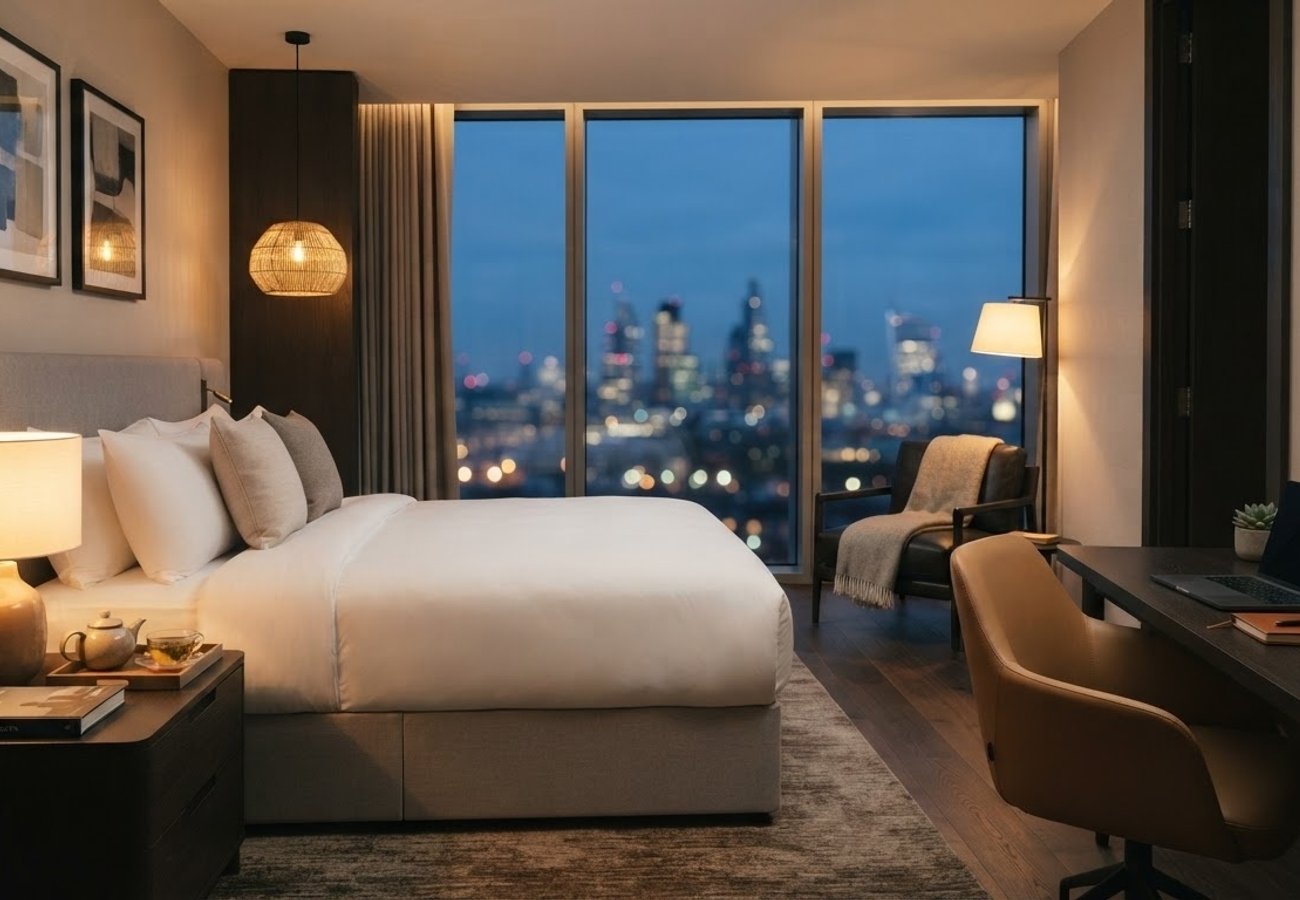 Modern hotel room designed for business travel and relaxation