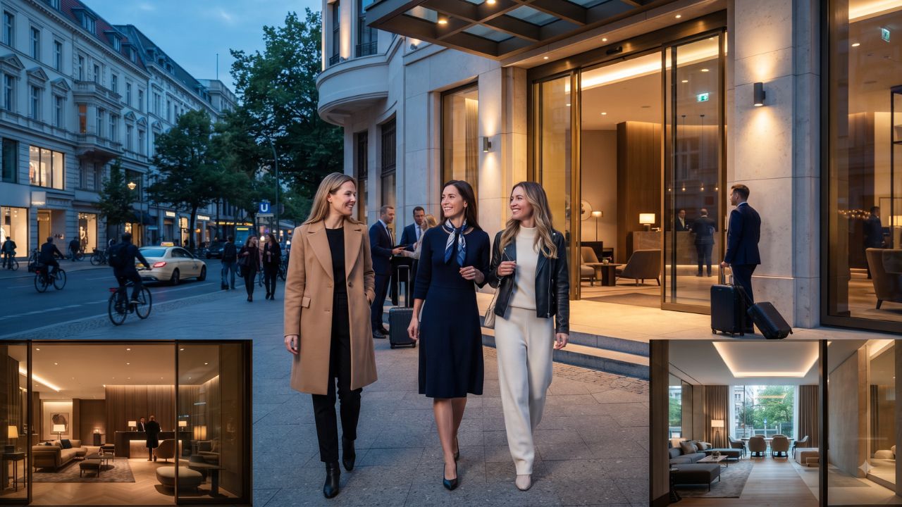 Modern luxury hotel lobby with glass windows overlooking Berlin's City West streets