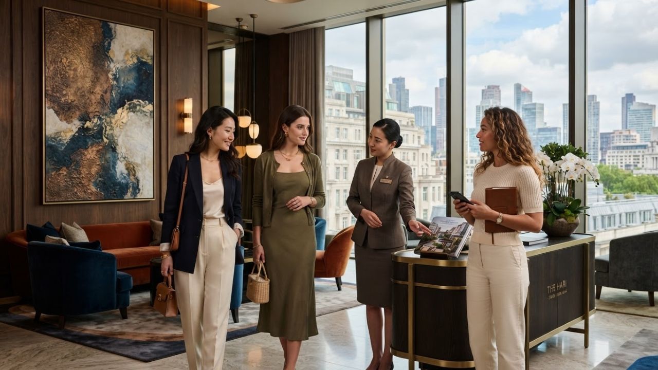 A luxurious modern hotel lobby interior with elegant lighting and refined artwork