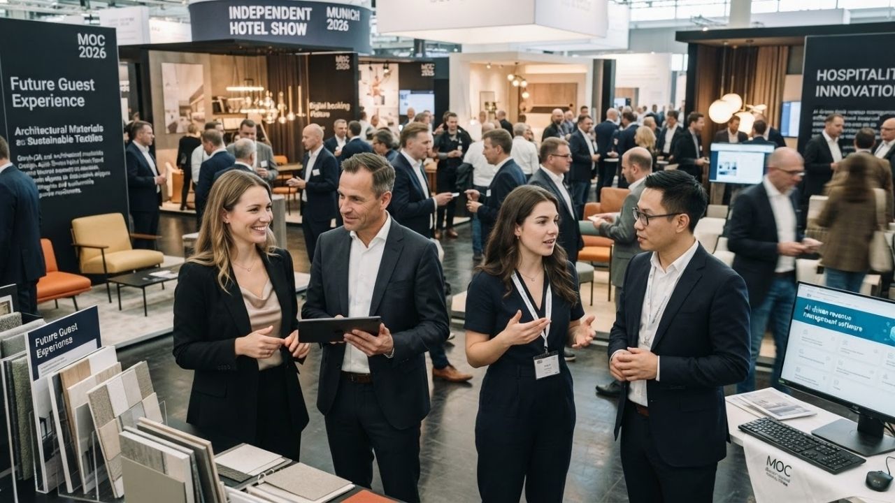 Modern boutique hotel lobby design featured at Independent Hotel Show Munich
