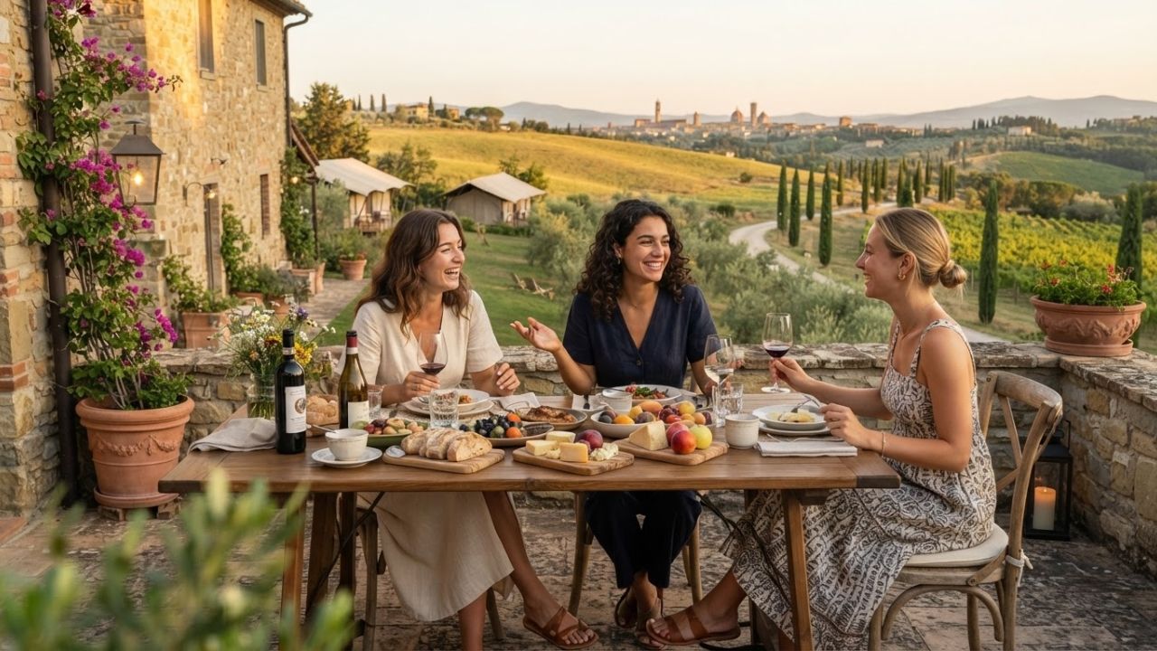 A beautiful historic stone villa in Tuscany surrounded by olive groves and lavender fields under a warm sunset.