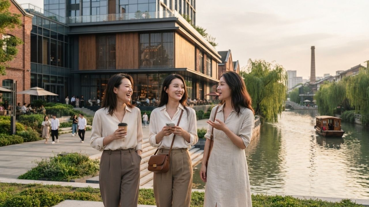 The modern glass facade of JEN Hangzhou by Shangri-La integrated with the restored industrial brick structures of the former Oxygen Plant.
