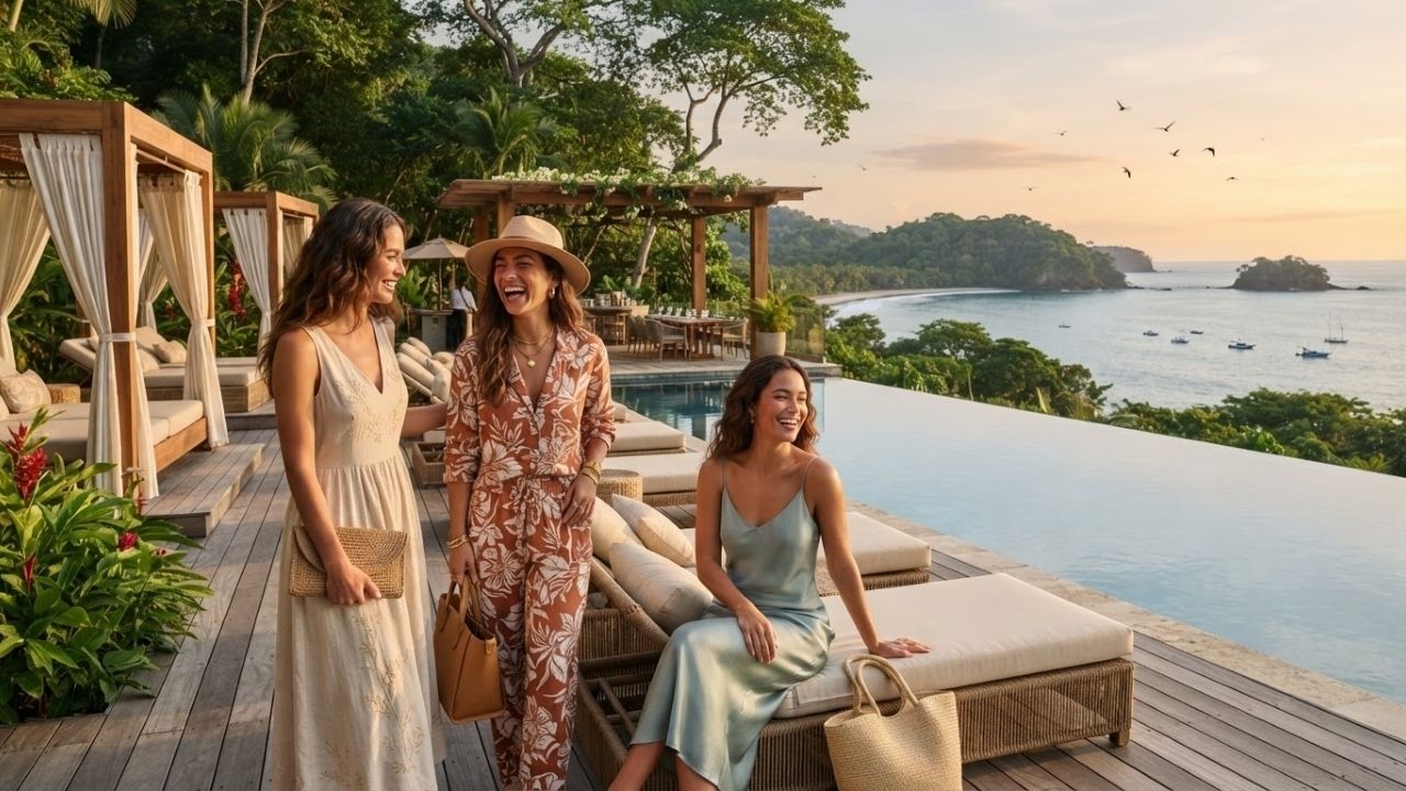Architectural rendering of a hillside luxury resort overlooking the Pacific Ocean and tropical rainforest.