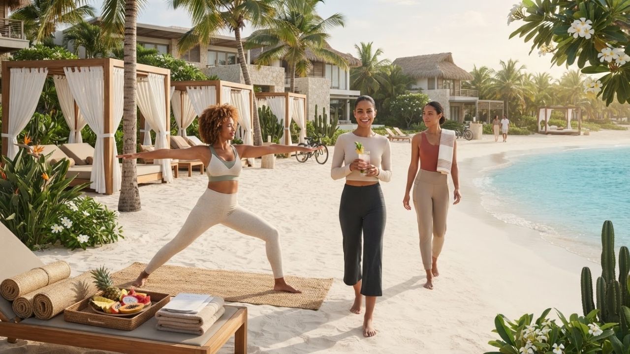Oceanfront yoga class at a luxury all-inclusive resort in the Caribbean.