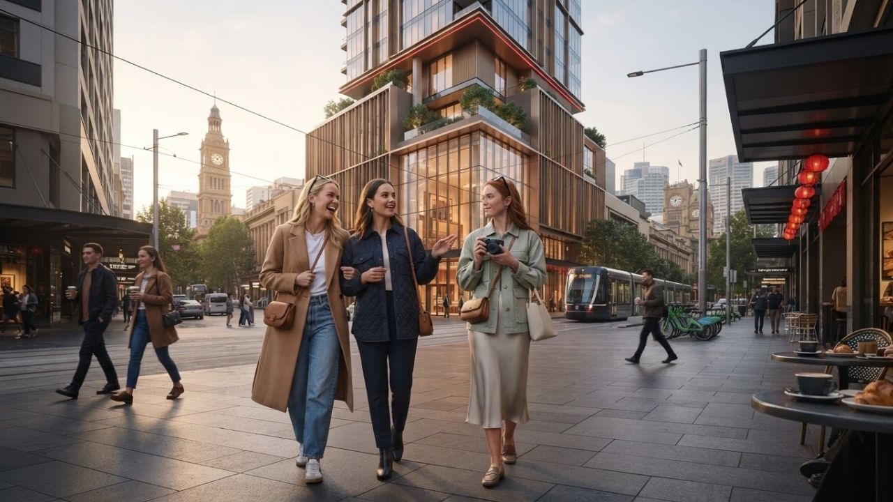 Modern 31-storey hotel tower soaring above Haymarket in Sydney with Central Station in the background.