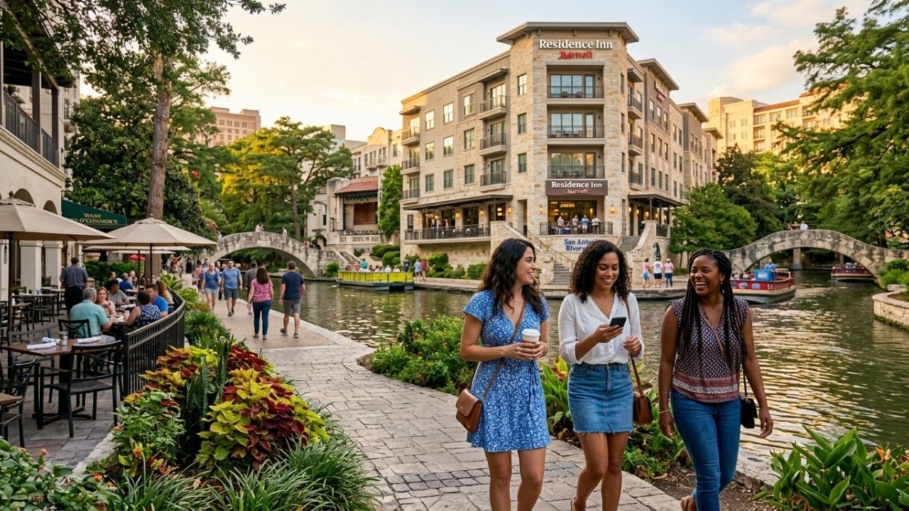 Modern 10-story extended-stay hotel building situated near the San Antonio River Walk.