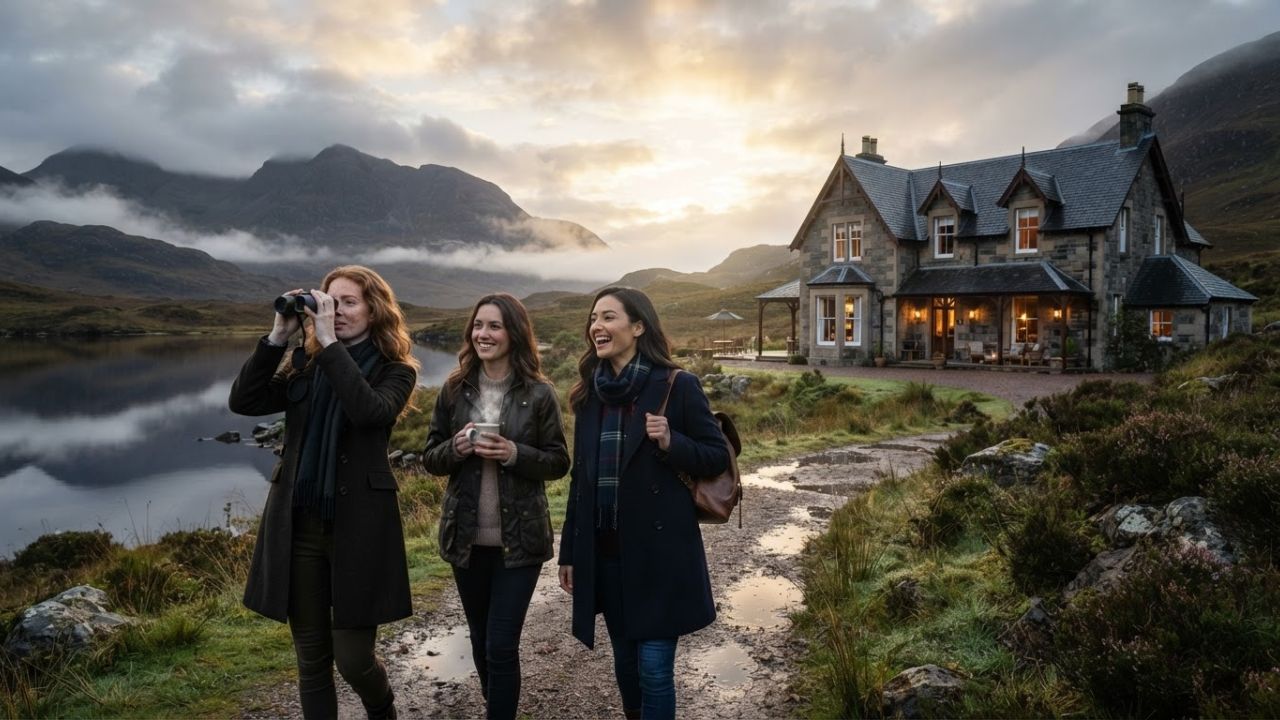 A beautifully restored Victorian stone lodge on the banks of a misty Scottish loch in Sutherland.