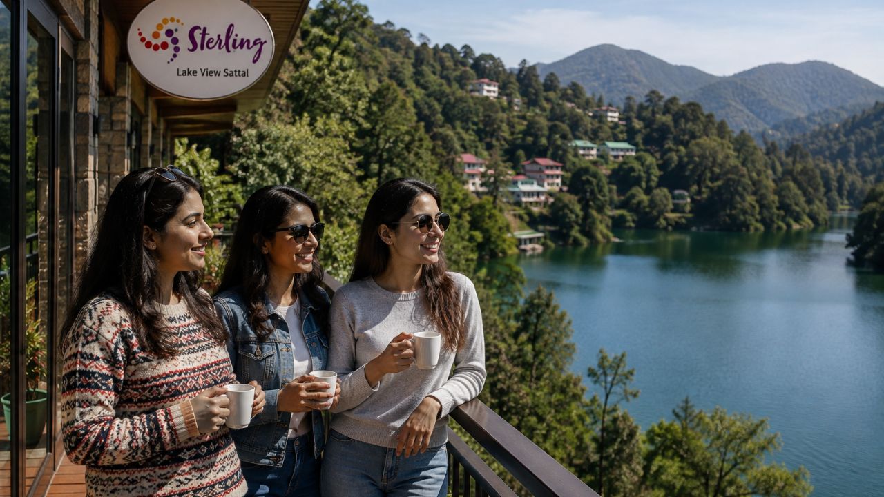 Lakeside view of Sterling Lake View Sattal in the Kumaon region of Uttarakhand.