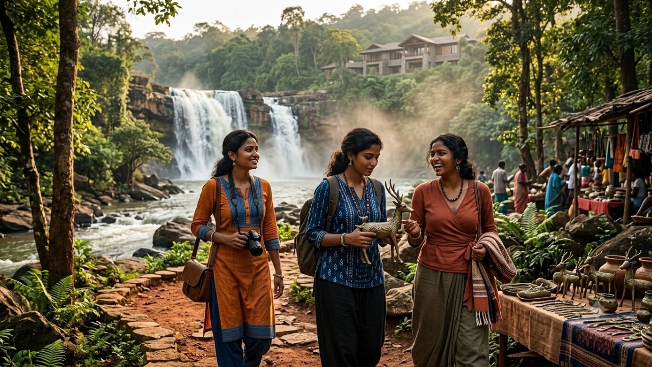 Resort swimming pool and lush gardens surrounded by dense tropical forest in Bastar.