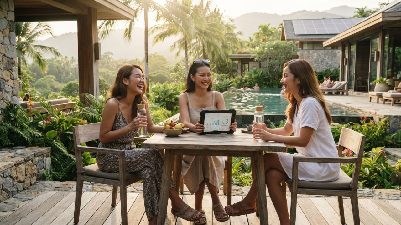 A lush eco-resort in southern Thailand showcasing solar panels and sustainable architectural integration.