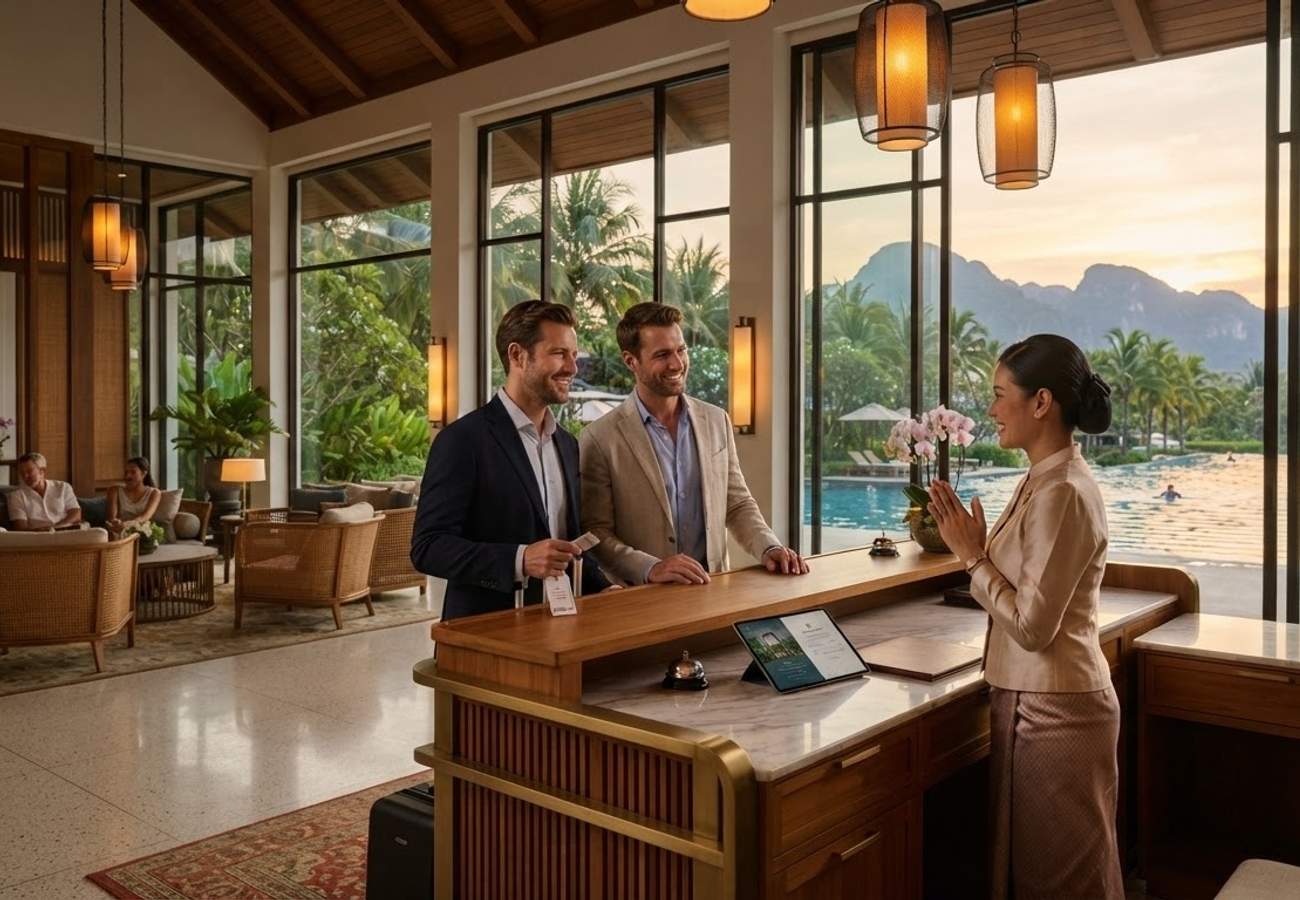 Modern hotel lobby showcasing digital integration and luxury hospitality